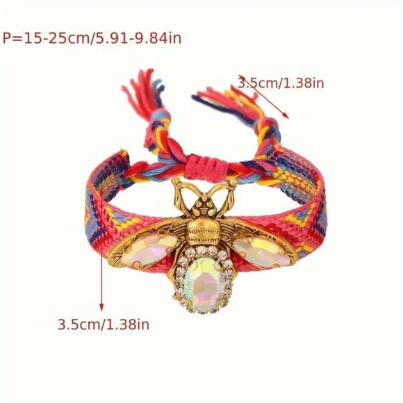 Bohemian Boho Vintage Adjustable Rhinestone Bee Charm Bracelet Braided Tassels - Picture 4 of 4